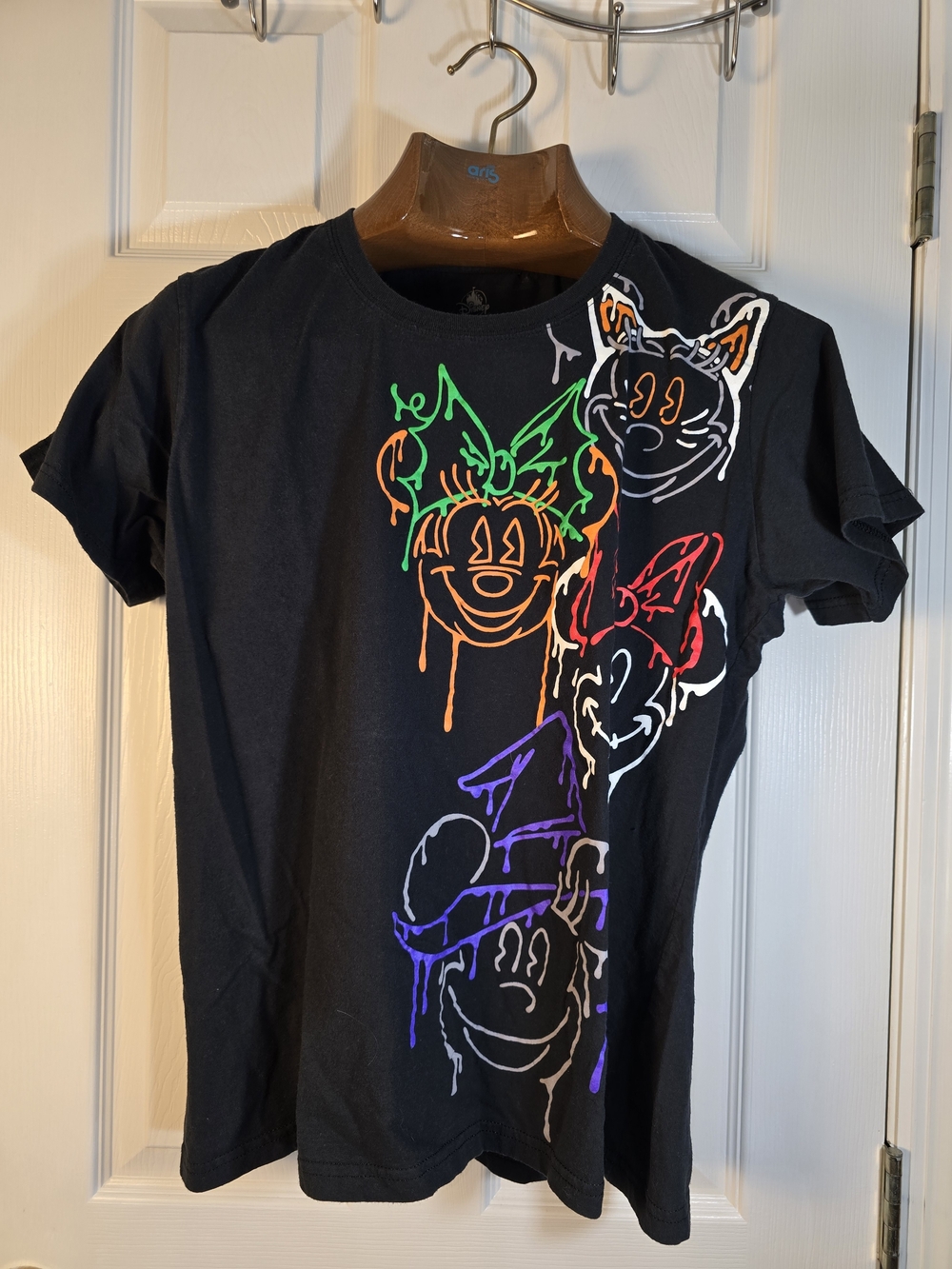 Disney Black Tee with Neon Green, Orange, Red and Purple Drip Art
